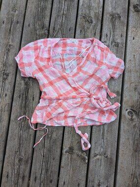 Max Studio Pink Cotton Checkered Wrap Top